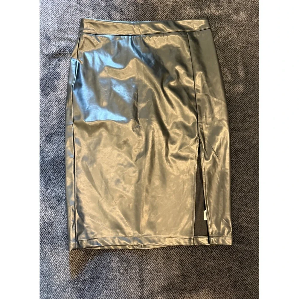 NWT Cupshe Black Faux Leather Pencil Skirt Size Small High Waist Midi Slit