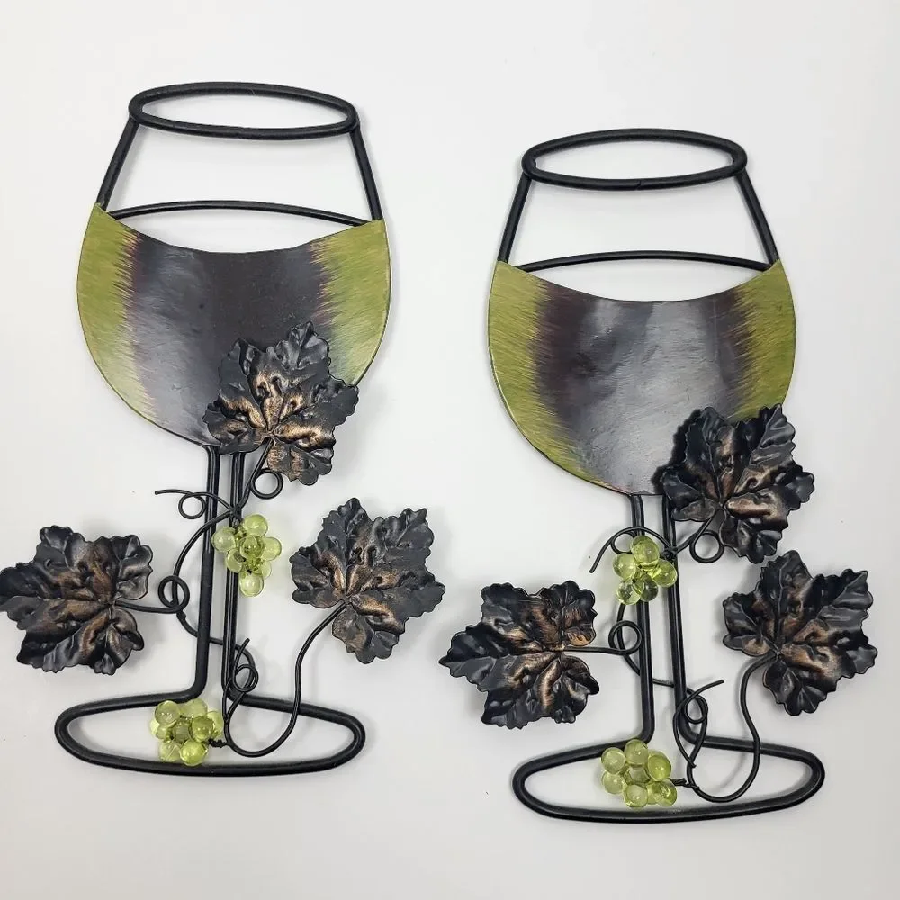 Metal Wine Glass Set, Hanging Wall Decor - Green, Black, Bronze, Leaves & Grapes