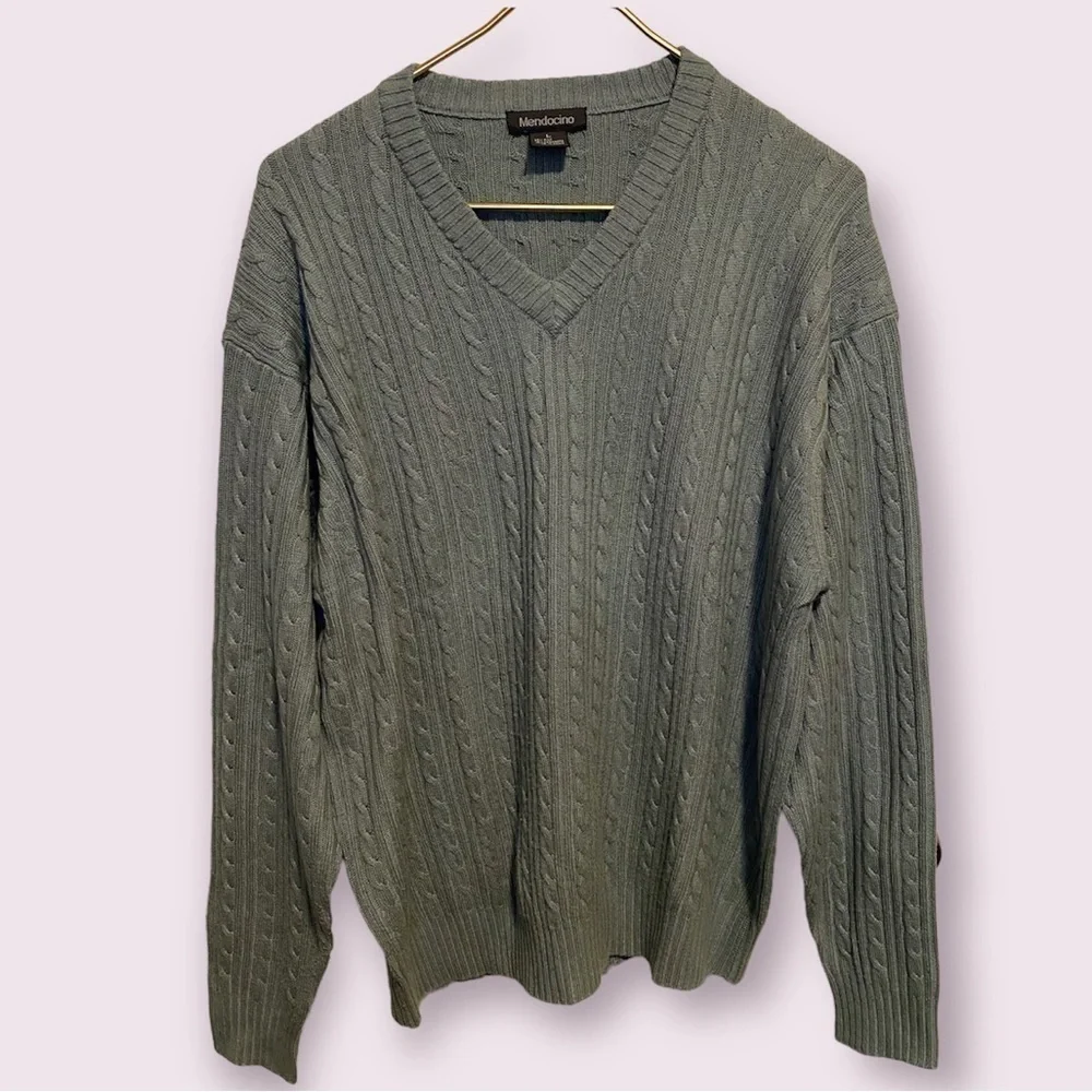 Mendocino cable blue v neck sweater silk cashmere blend Large