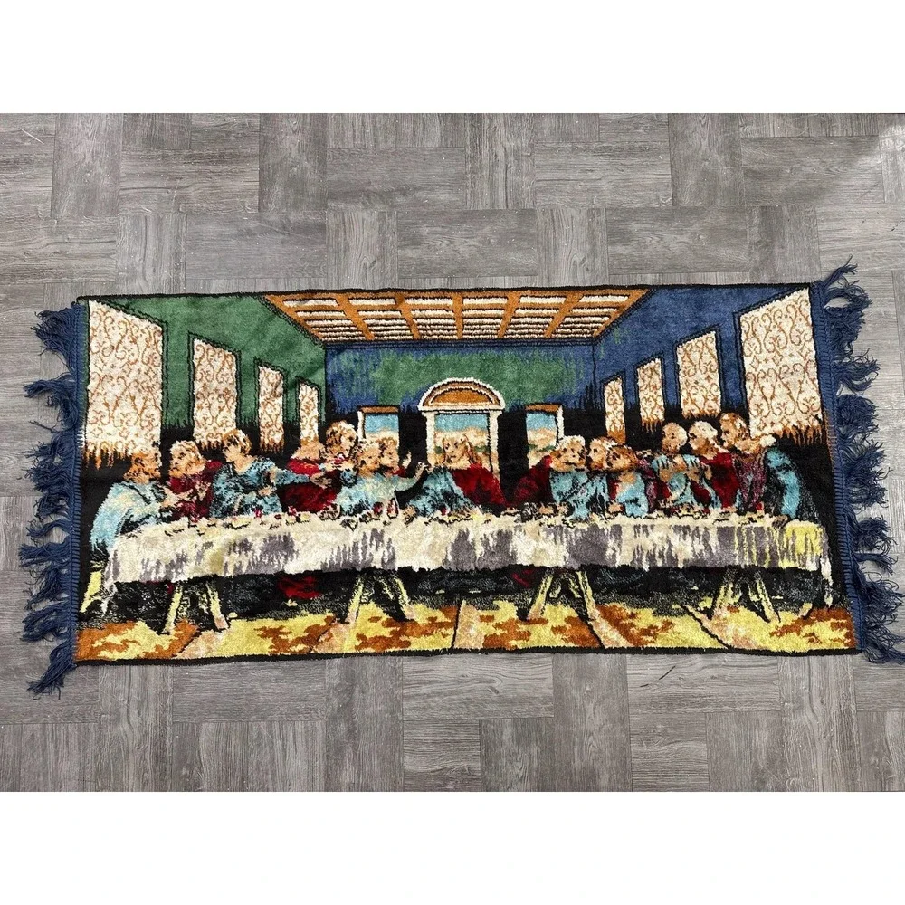 VTG Last Supper Jesus Christian Woven Tapestry Wall Hanging Rug‎ Fringe