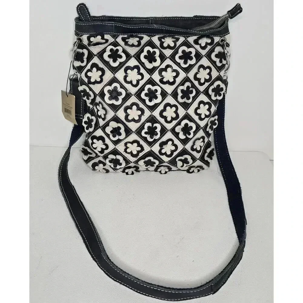 H2Z Leather 3D Floral Navy/Lt. Gray Crossbody Purse Boho Hippie Retro UPCYCLED