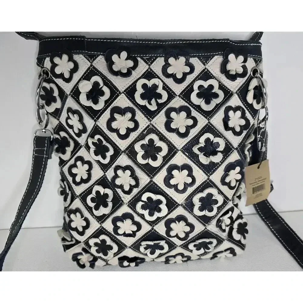 H2Z Leather 3D Floral Navy/Lt. Gray Crossbody Purse Boho Hippie Retro UPCYCLED