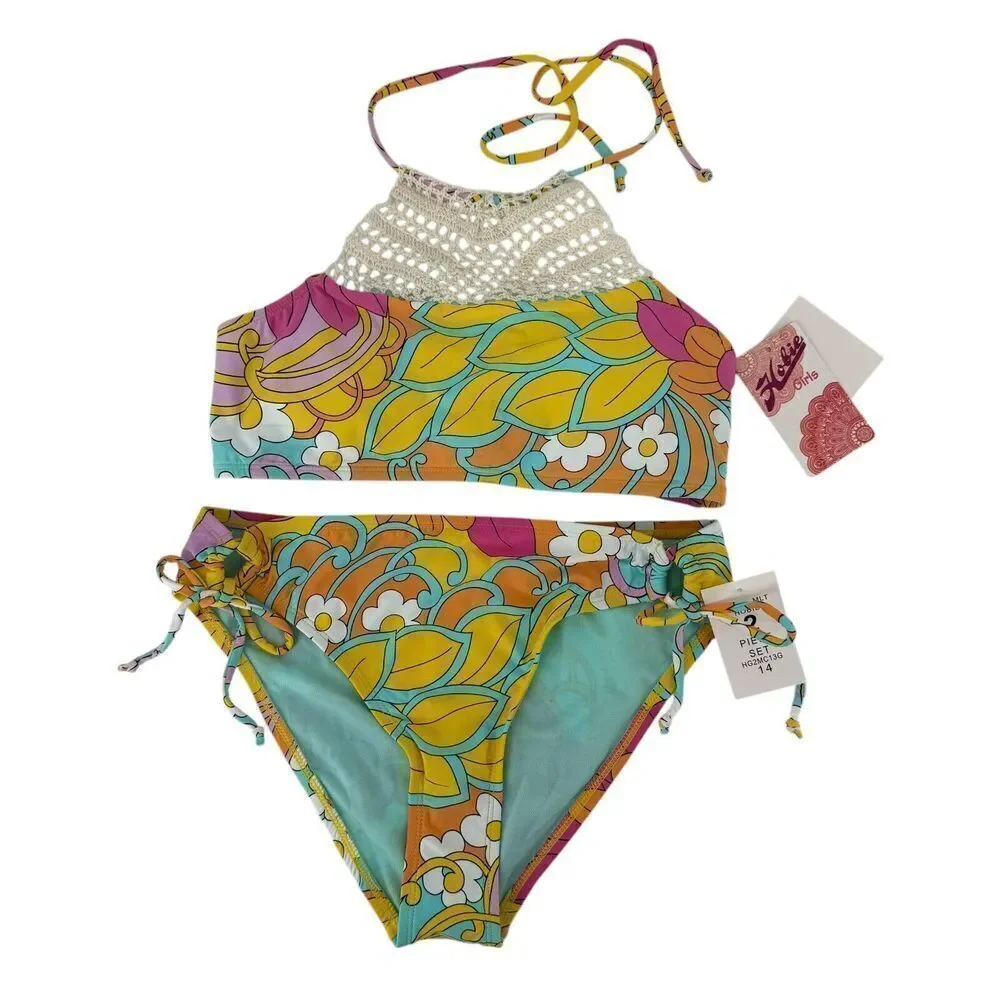 Hobie Bikini Set Girls Size 14 Swimsuit Crochet Halter Multicolor Floral NEW