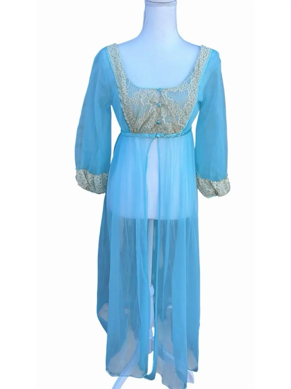 Vintage 1960s Blue Nylon Peignoir Robe With Chantilly Lace Juliette Style