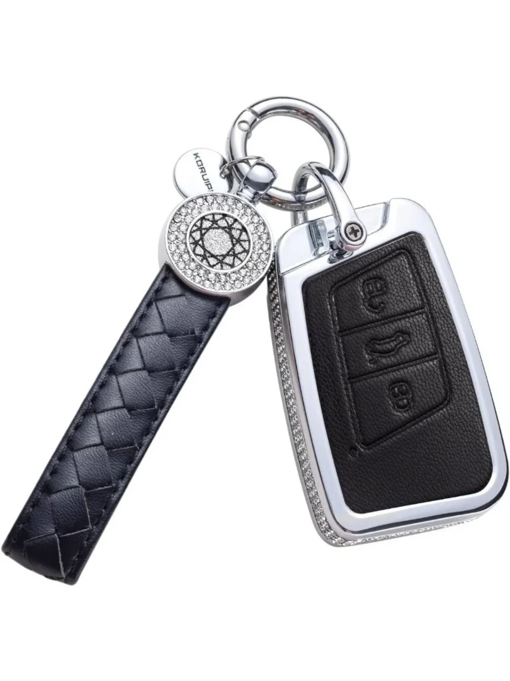 Leather Key Fob Cover with Keychain for VW - 360° Protection, Crystal Design, 3