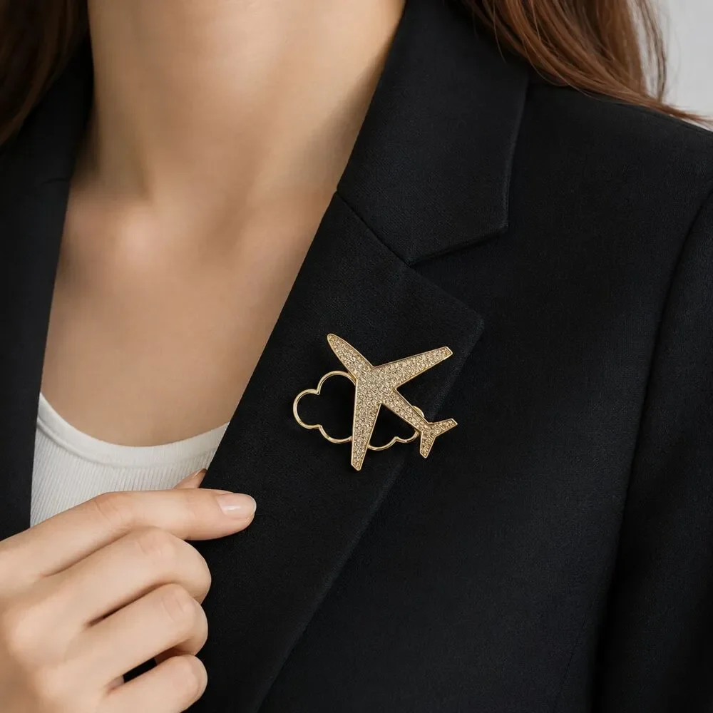 Gold Tone Airplane & Cloud Lapel Pin Brooch Travel Aviation Jewelry 1.5