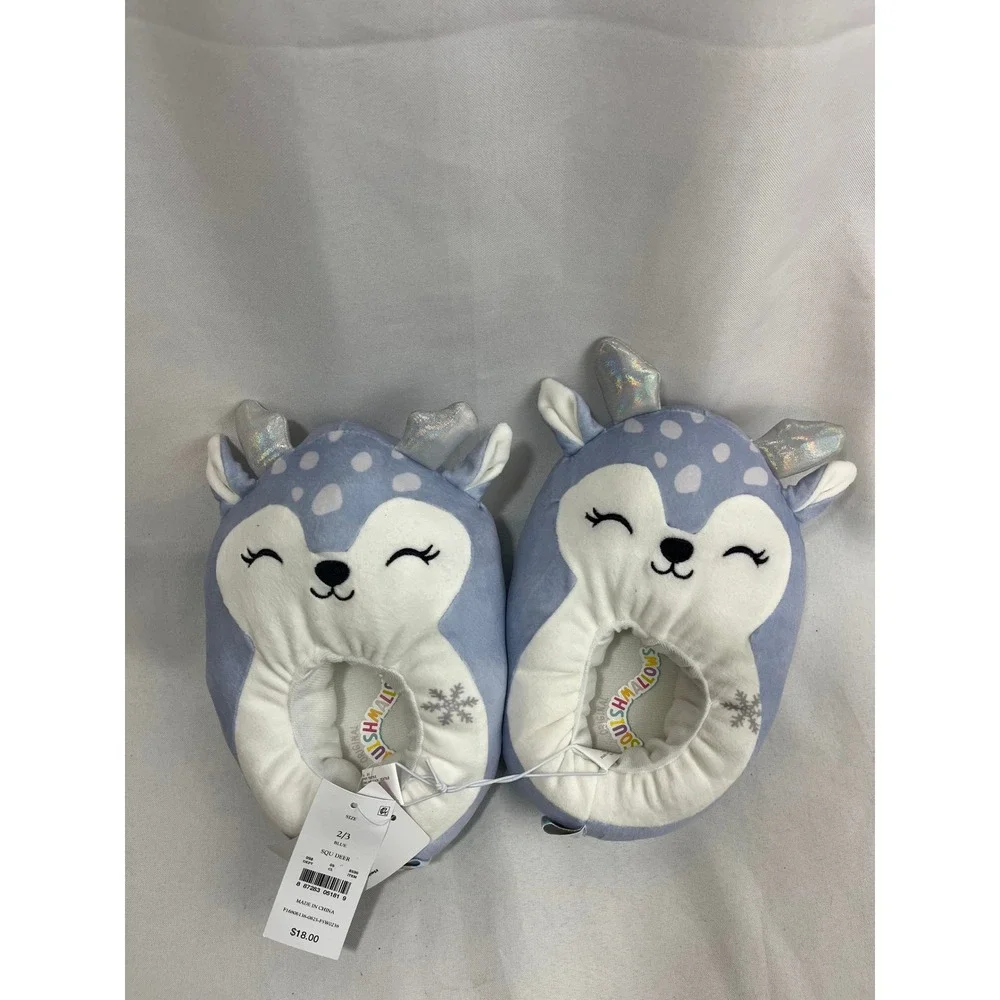 Squishmallows SQU Deer Blue Plush Kids Slippers Size 2/3 Silver Antlers NWT