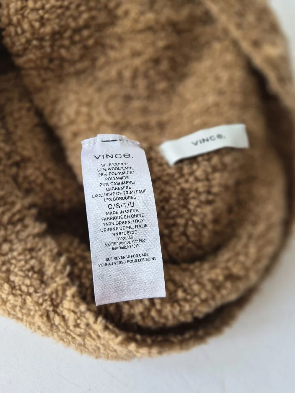 Vince Wool Cashmere Teddy Boucle Beanie Scarf Set Mocha Camel Cozy Quiet Luxury