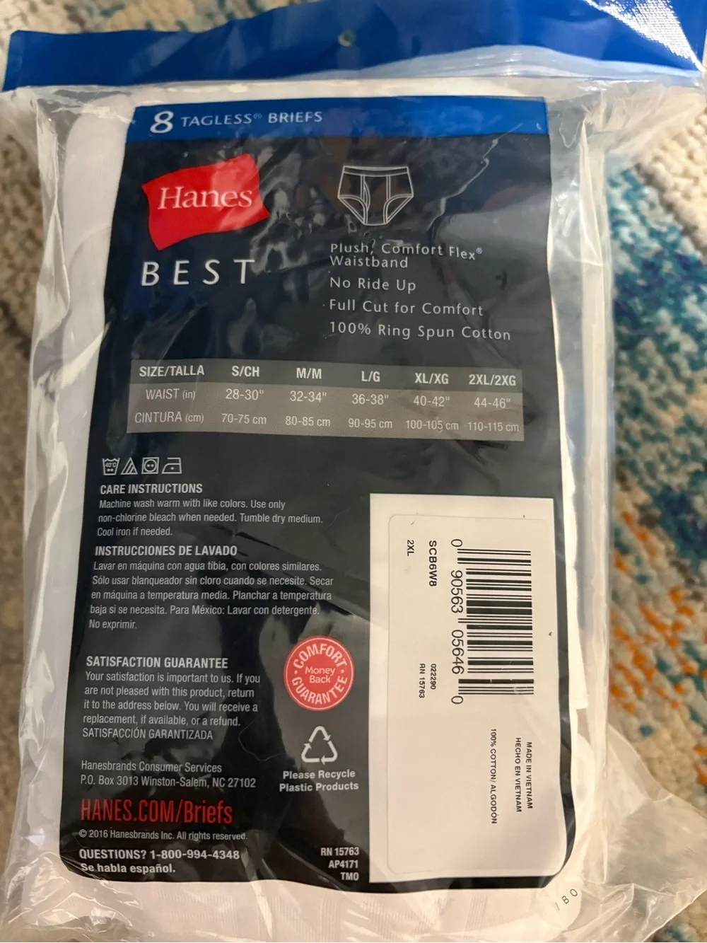 New in package Men’s Hanes Best White Briefs 8-Pack - Tagless Comfort Size 2X