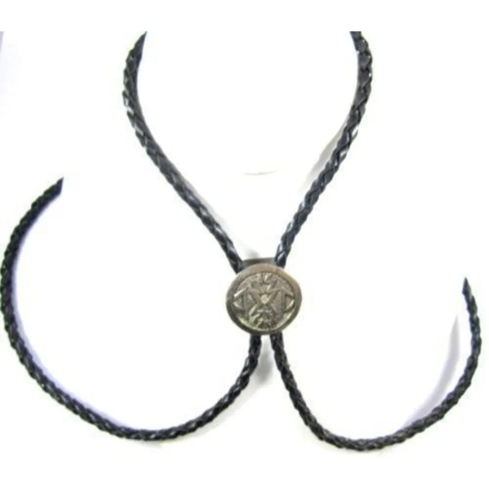 Vintage‎ Bolo Tie Southwest Design Pendant Black Braided Leather Necklace