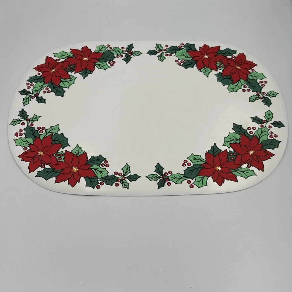 Set of 4 VTG‎ Vinyl Placemats Poinsettias Holly White Oblong Christmas Holiday