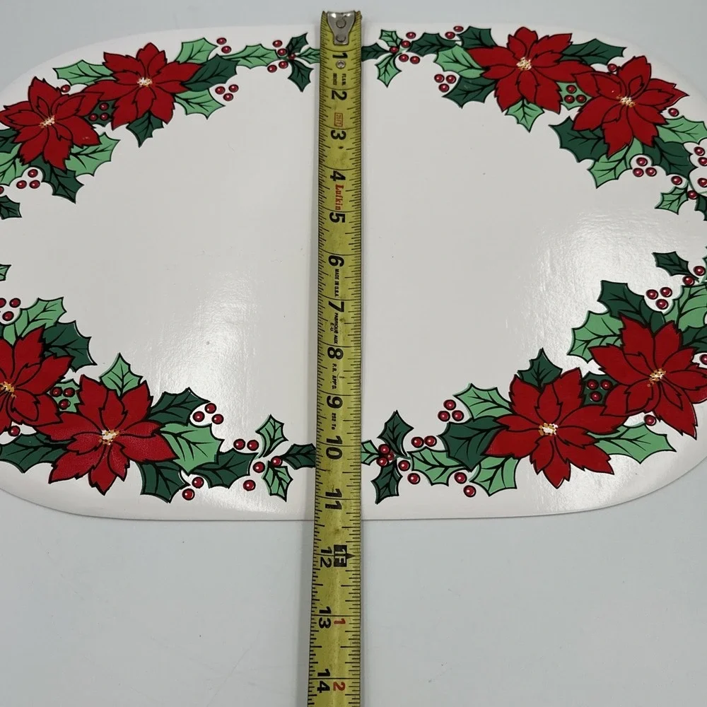 Set of 4 VTG‎ Vinyl Placemats Poinsettias Holly White Oblong Christmas Holiday