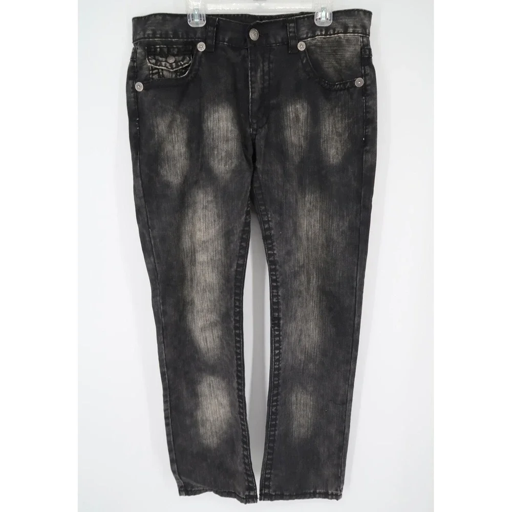 True Religion Mens 38 Black Acid Wash Straight Leg Jeans‎ USA Made Size 38x35
