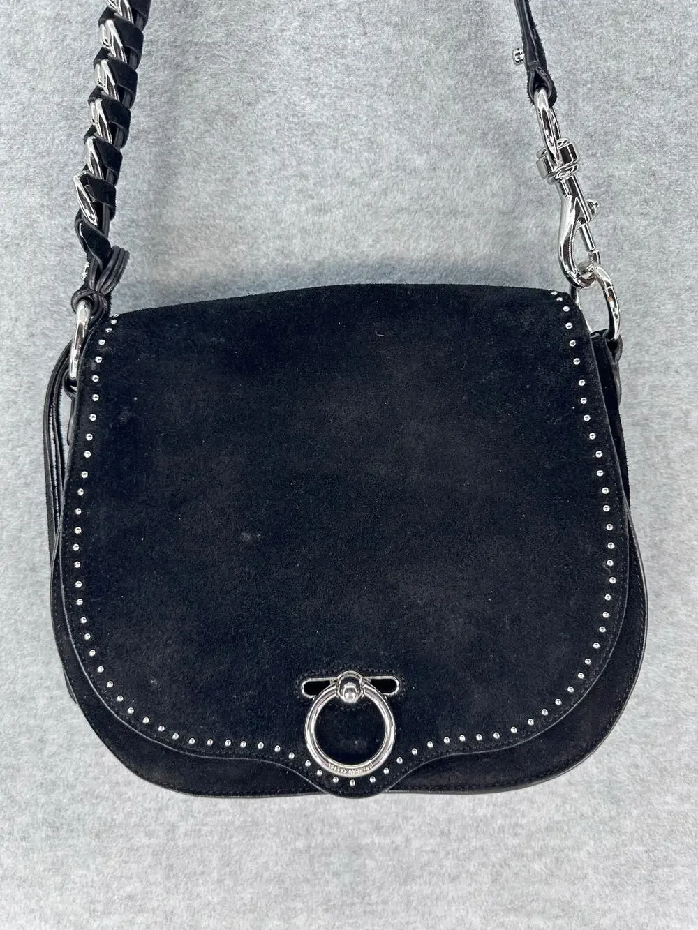 Rebecca Minkoff Large Jean Saddle Bag Black Suede BOHO Western Silver Accents