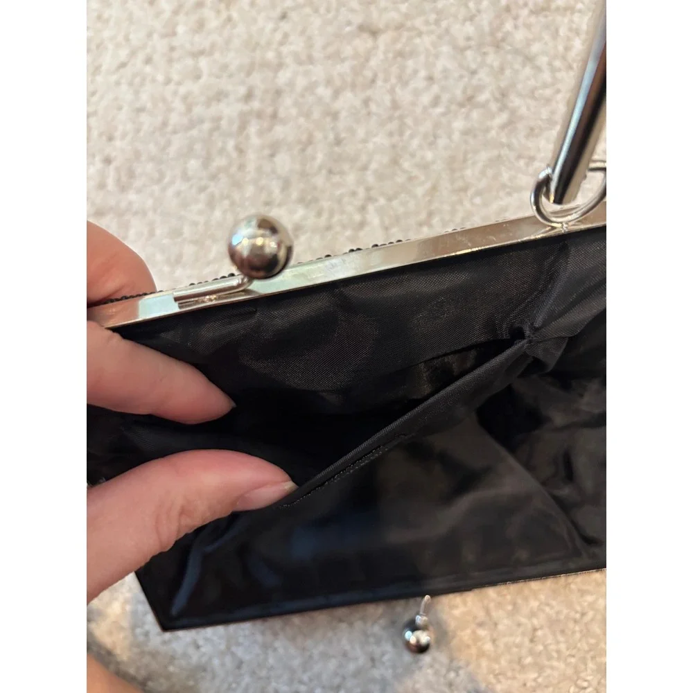 Bijoux Terner‎ Evening Bag Small Black Beaded Sequin Satin Kiss Lock Clutch