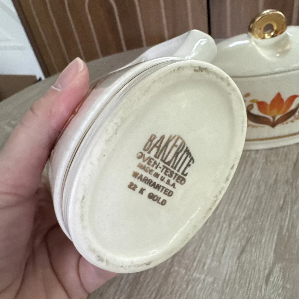 VTG Bakerite Covered Sugar And Creamer  22K Gold Trim Made In USA Tulip Pattern