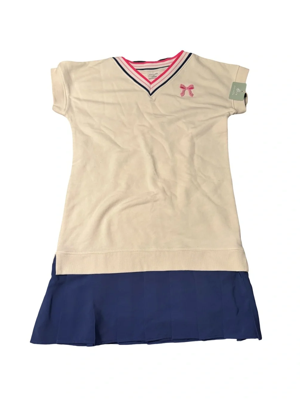 Girls' White V-Neck Casual Dress with Navy Skirt and Pink Trim