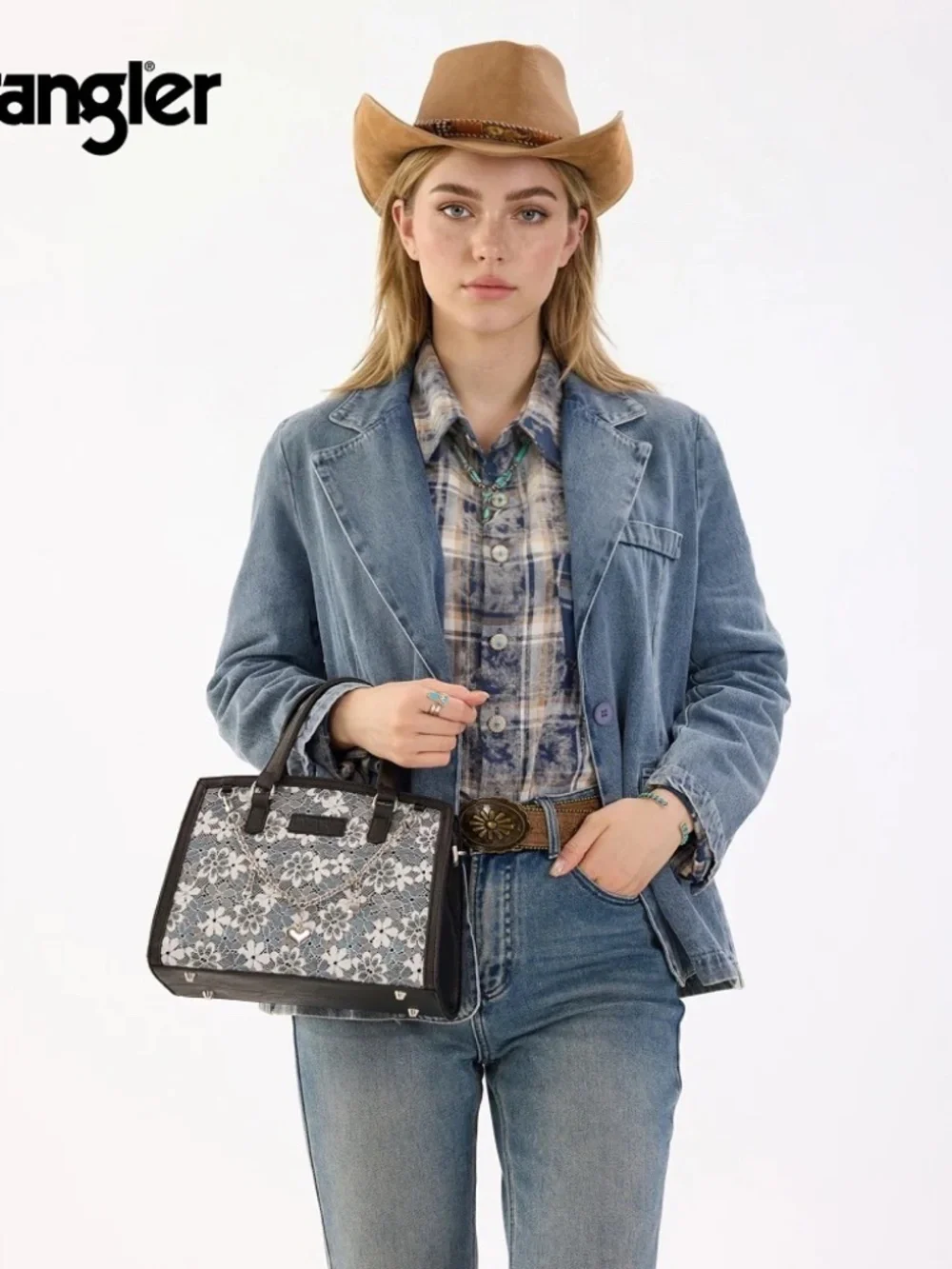 Wrangler Western Chic Lace with Chain Charm Satchel/Crossbody Bag Black