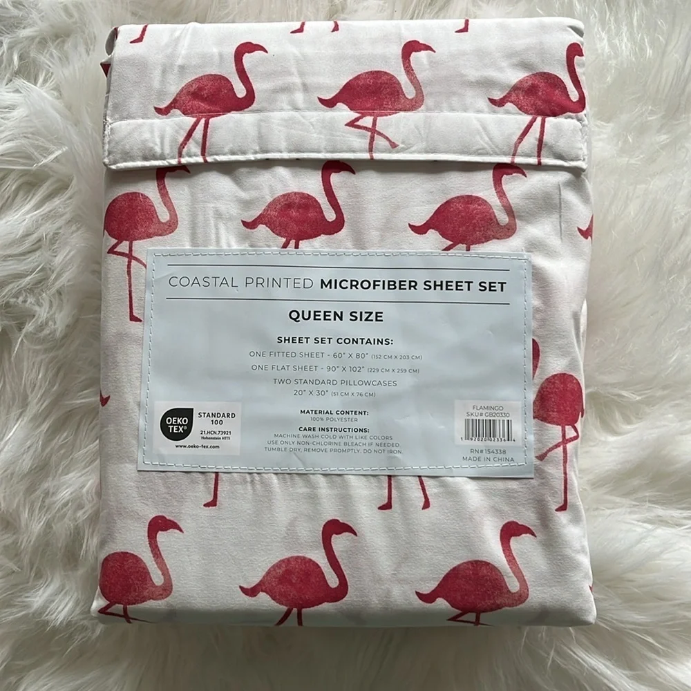 🆕 Coastal Microfiber Sheet Set Flamingos Queen