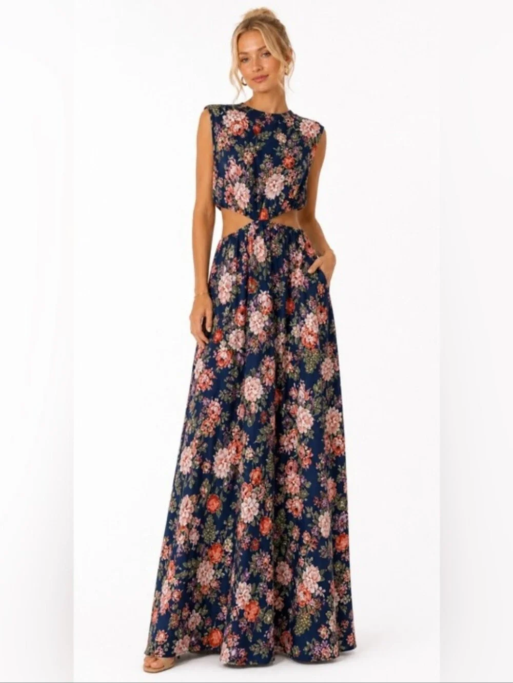 Abercrombie & Fitch Floral Fruits Cutout Maxi Dress Navy Cap Sleeve Size LT