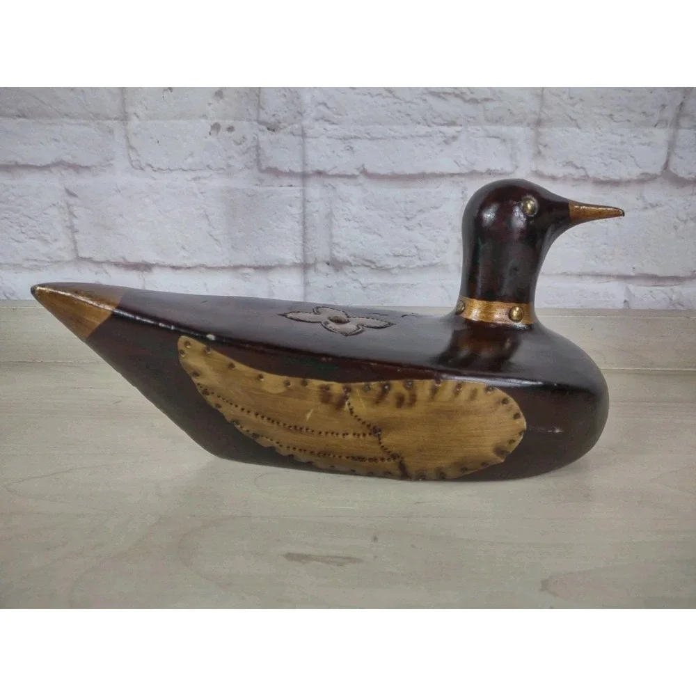 Wooden Folk Art Duck Decoy Wood Brass Country Decor 14 Inch Vtg Knicks SEE