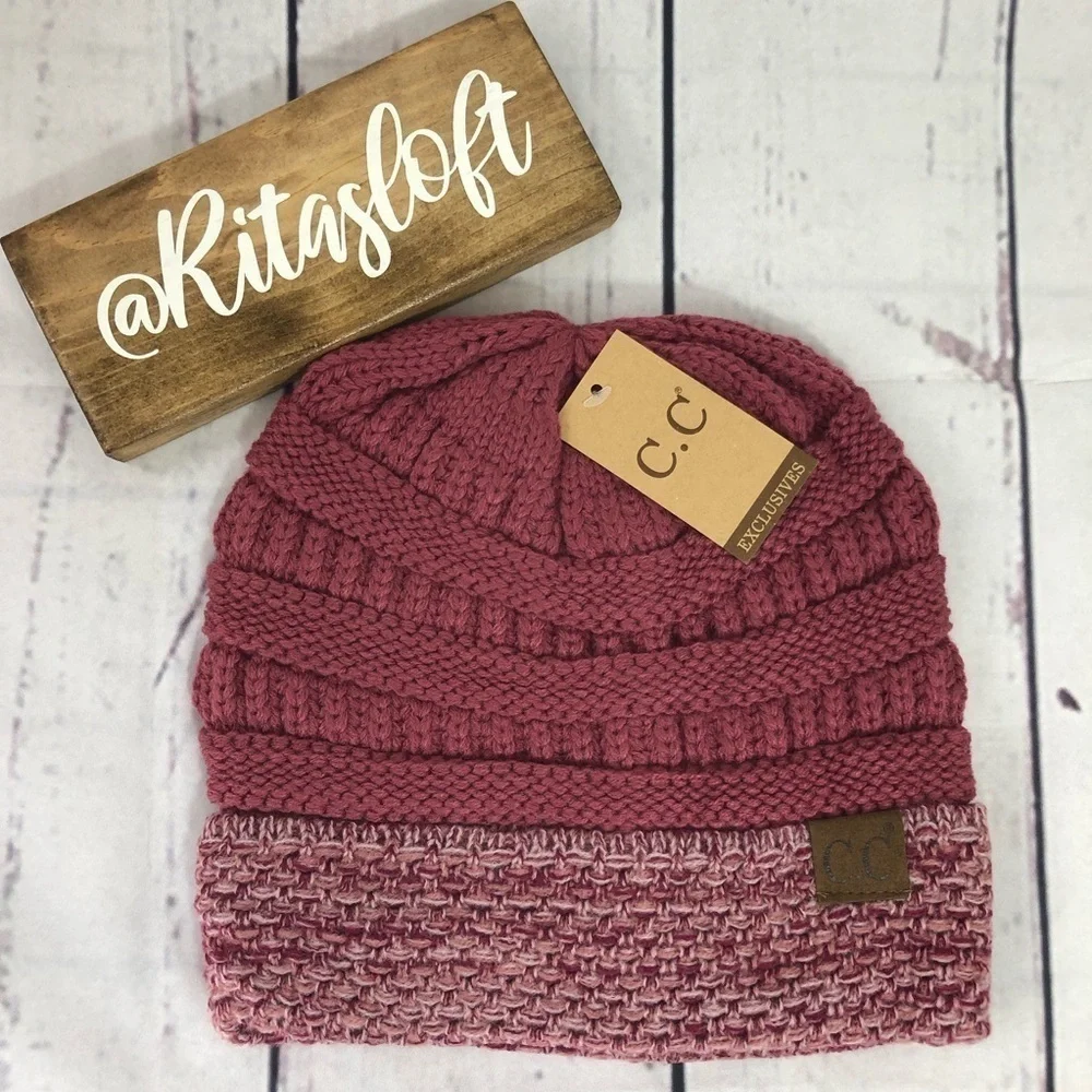 CC Beanie Multi-tone Boucle Cuffed‎ Hat - Dark Rose