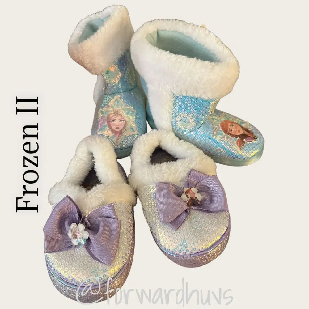 Frozen II - 2 Pair Sequin Kids Booties and Slippers Size 7/8