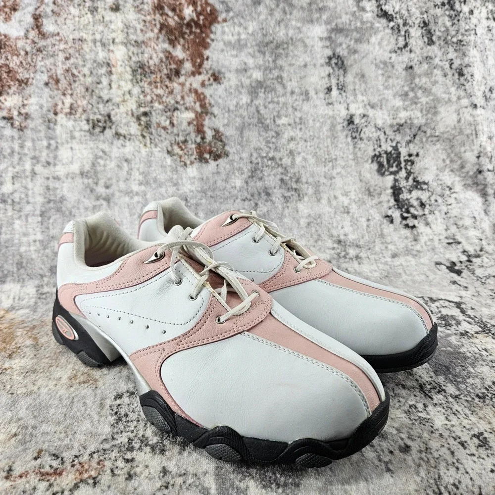 Hi Tec Golf Shoes Womens 10 White‎ Pink Leather Spikes Comfort CDT Power Saddle