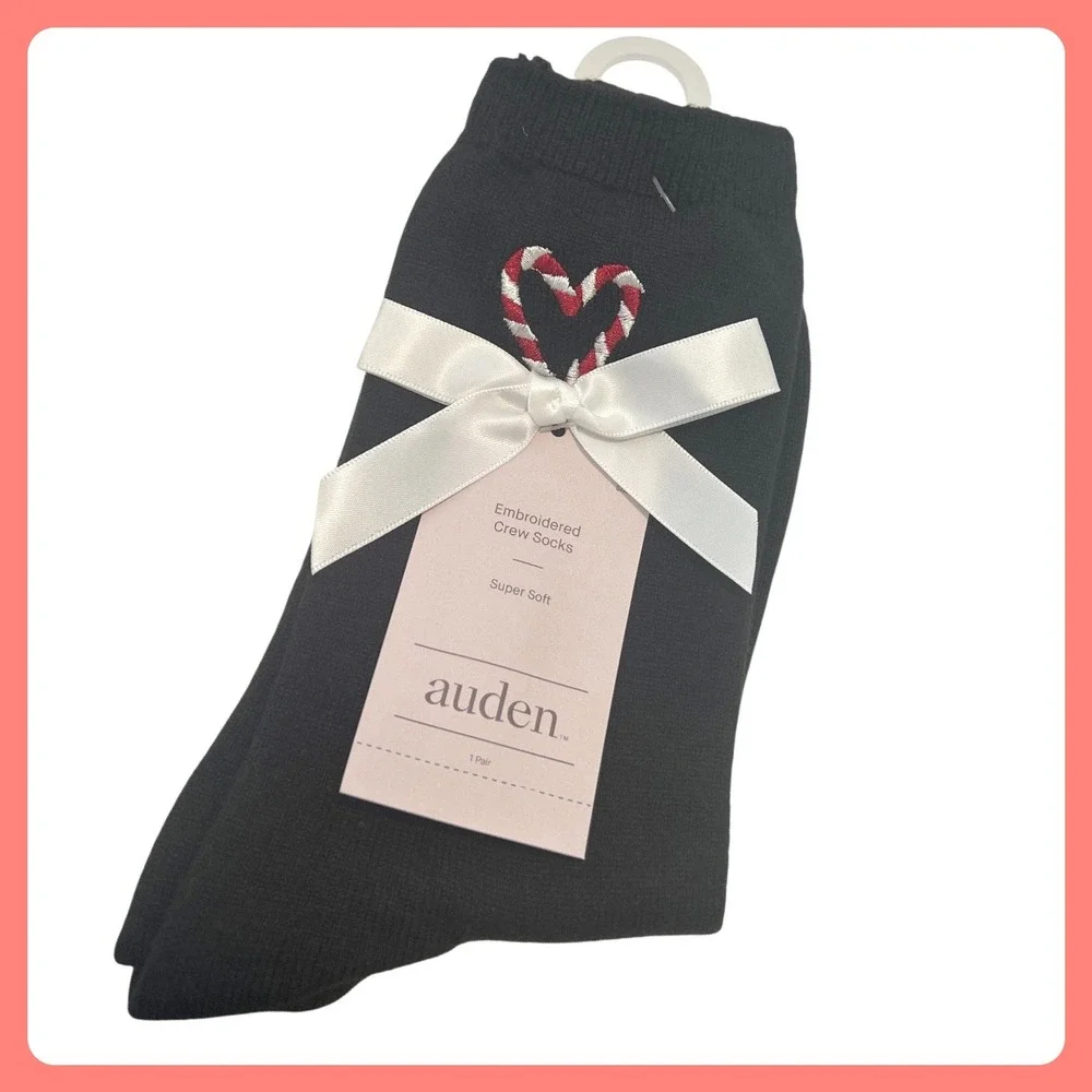 New Auden Black Crew Socks Candy Cane Heart‎ Embroidery Super Soft Women