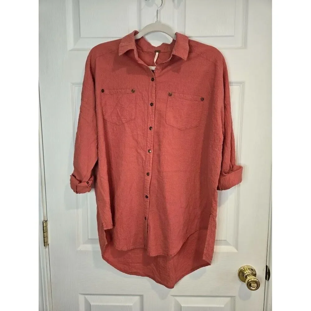 Free People Love Her Madly Long‎ XS Sleeve Button Up Tunic Shirt Coral Oversized