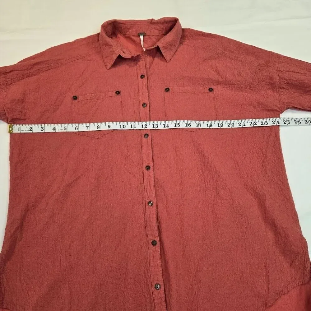 Free People Love Her Madly Long‎ XS Sleeve Button Up Tunic Shirt Coral Oversized