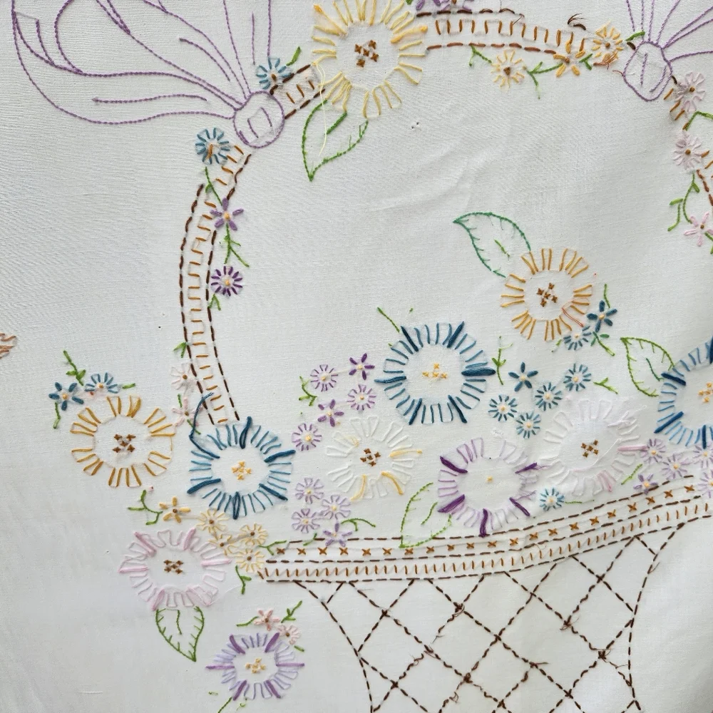 Antique White Comforter with Purple Trim and Multi-Color Floral Embroidery