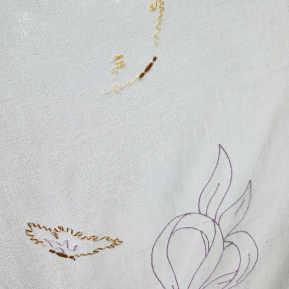 Antique White Comforter with Purple Trim and Multi-Color Floral Embroidery