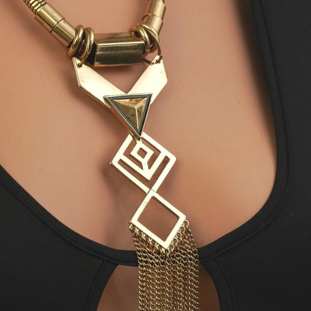 Gold Tone Geometric Fringe Statement Necklace Omega Chain Art‎ Deco Style