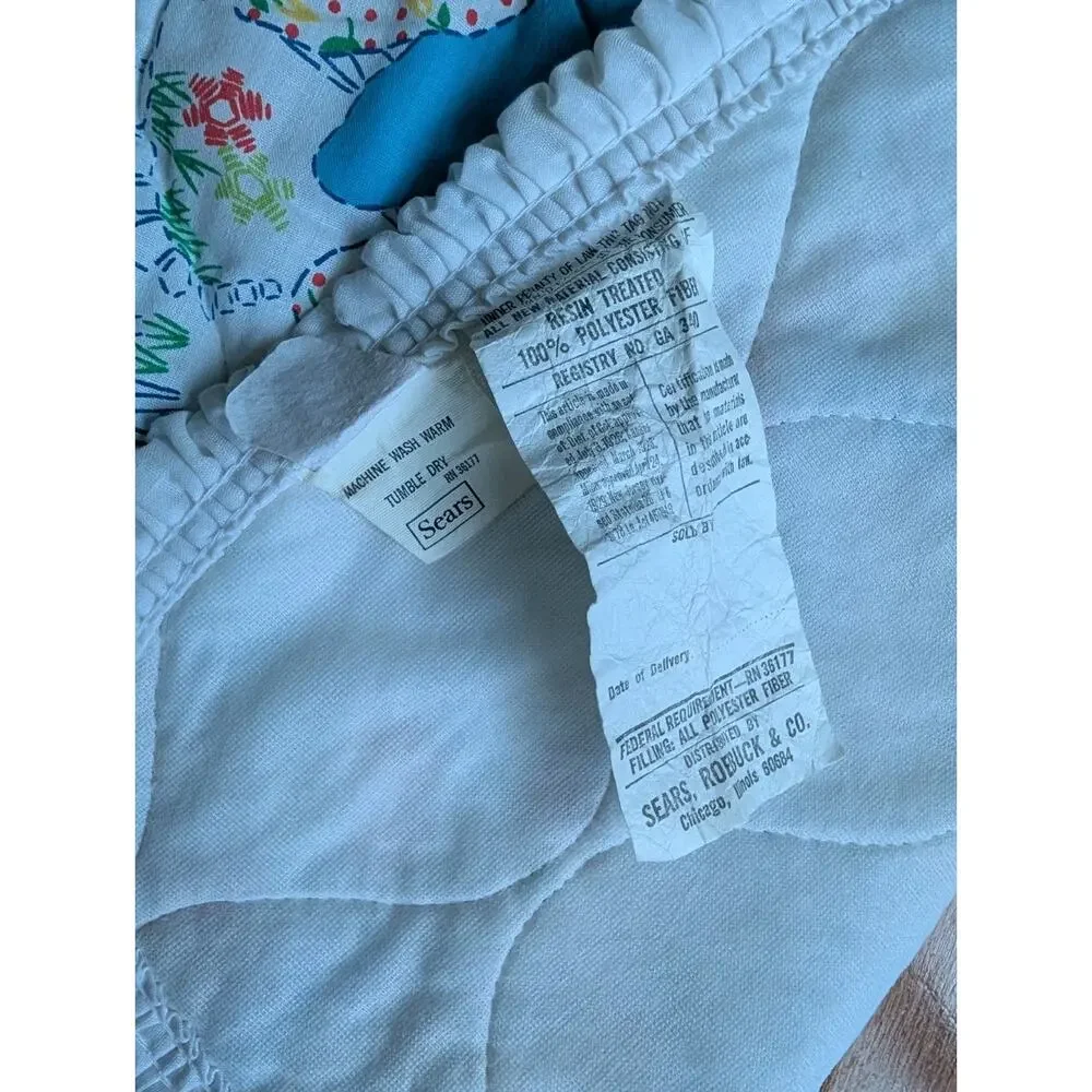 Vintage 80s 90s Sears Roebuck Baby Blanket ABC 123 Puppy Striped Floral Quilted