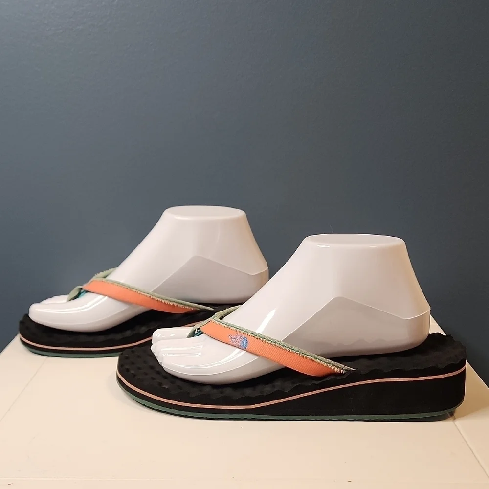 The North Face Orange Teal Black Sandals Elevated Heel Thong Flip Flop Womens