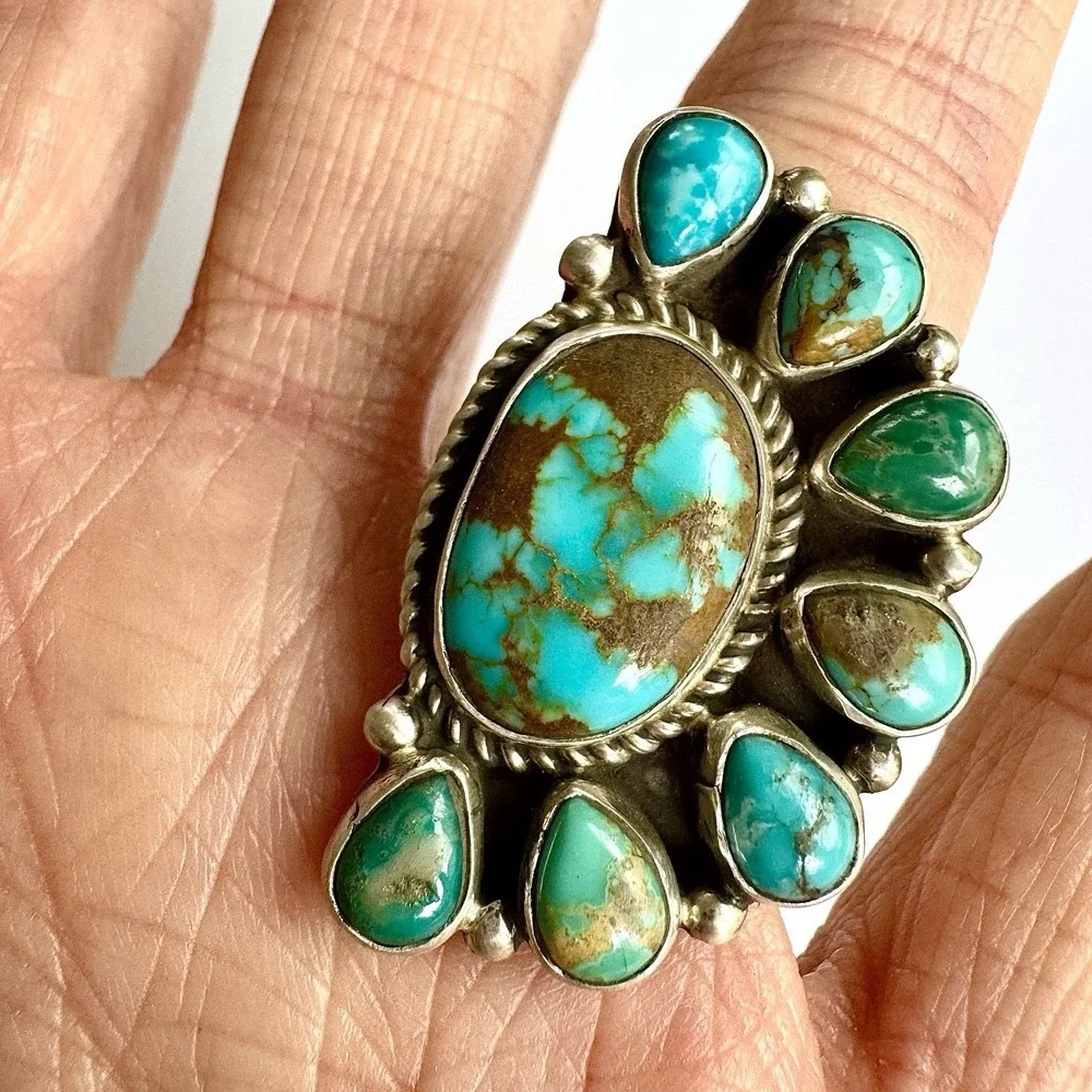 Navajo Turquoise Ring Half Cluster Sz7 Adj Sterling Signed G James Native Amer