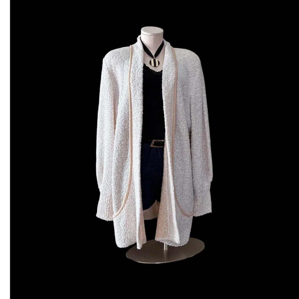 Vintage 80s Long Cardigan XL‎ Cream Oversized Textured Knit Cozy Minimalist