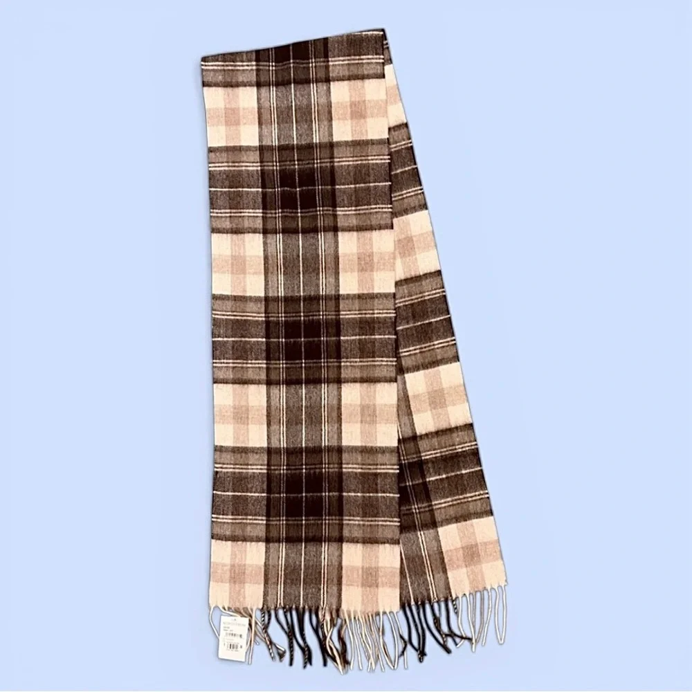 Nordstrom Tartan Plaid 100%‎ Wool Muffler Scarf Fringe NWT Brown, Cream
