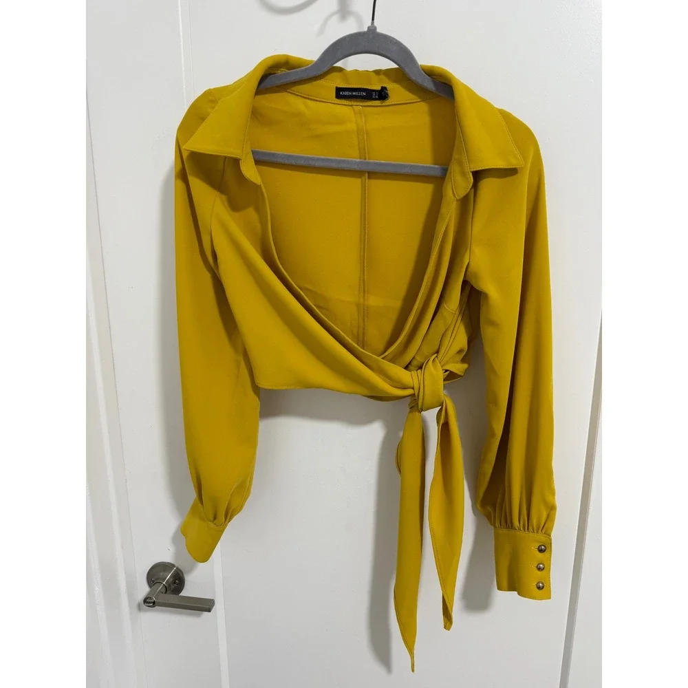 Karen Millen Top & Shorts Set Mustard Yellow‎ Long Sleeve Belted US 4