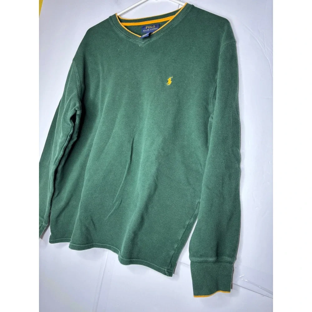 Polo Ralph Lauren Mens XL Green Waffle‎ Knit Thermal Shirt Yellow Trim V-Neck