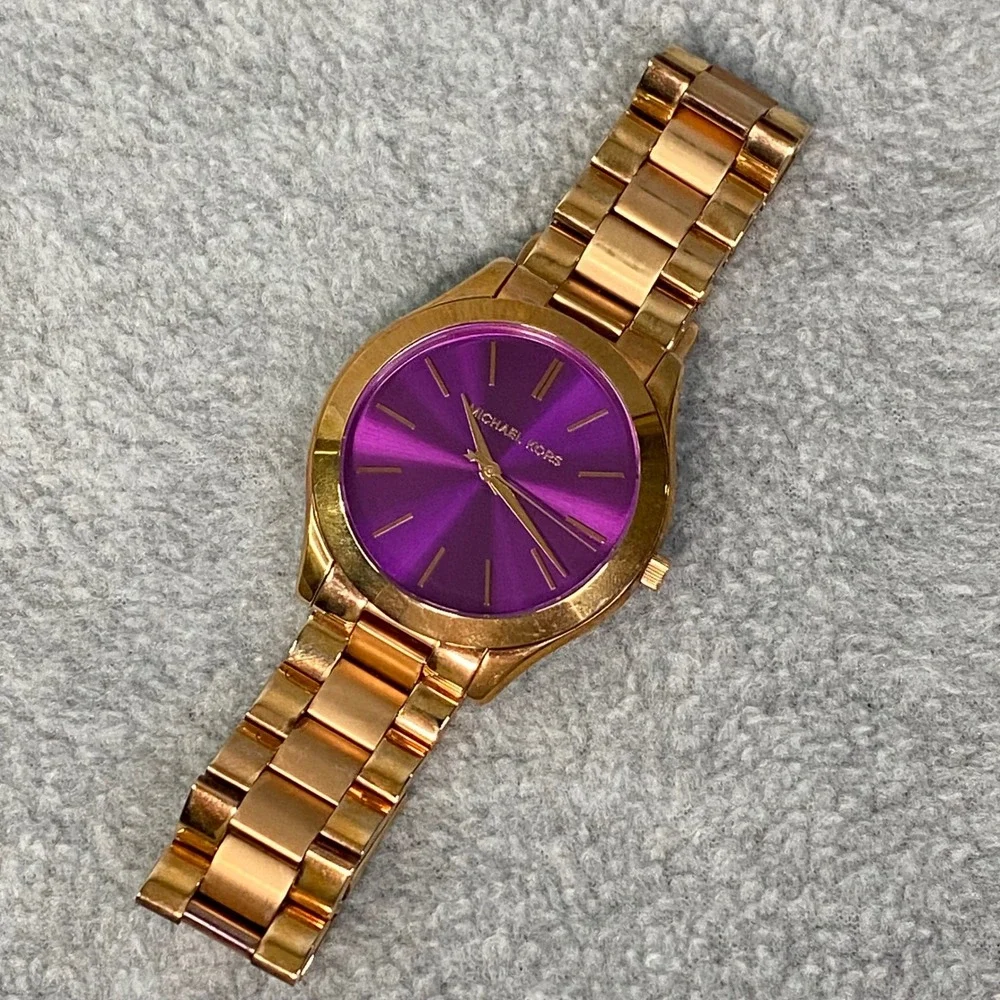 Michael Kors Watch‎ Women Rose Gold Purple Slim Runway MK-3293 Luxe Chic EUC