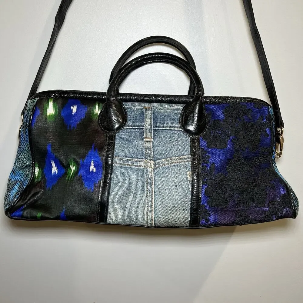 Vintage Clever Carriage Company Denim Lace And Leather Patchwork Tote Bag‎