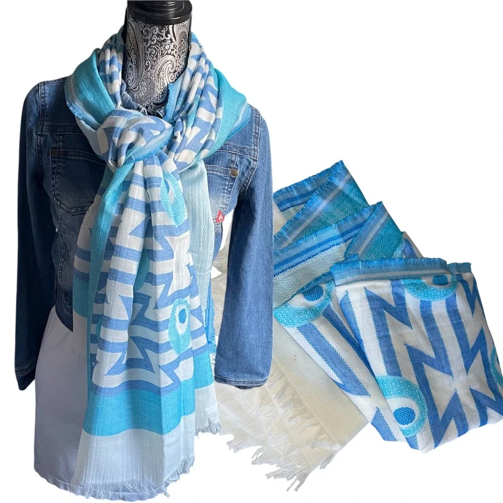 Alliance Peacock Eye Abstract Geometric Scarf Blue White Cotton‎