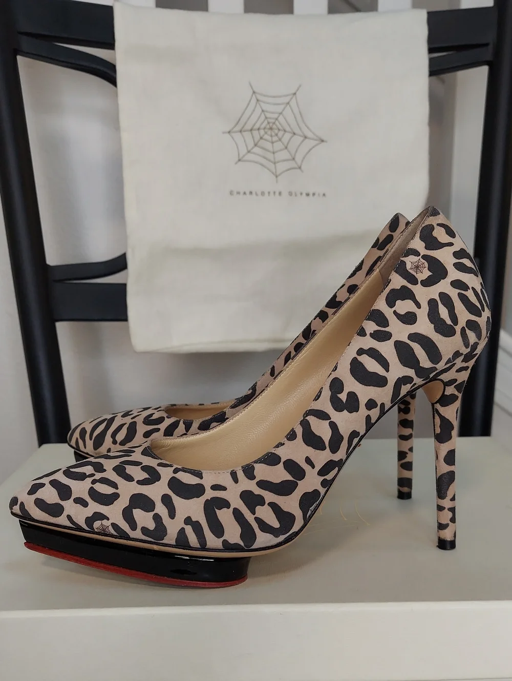 Charlotte Olympia Shoes, Size 6.5, Leopard Print Leather Platform Heels