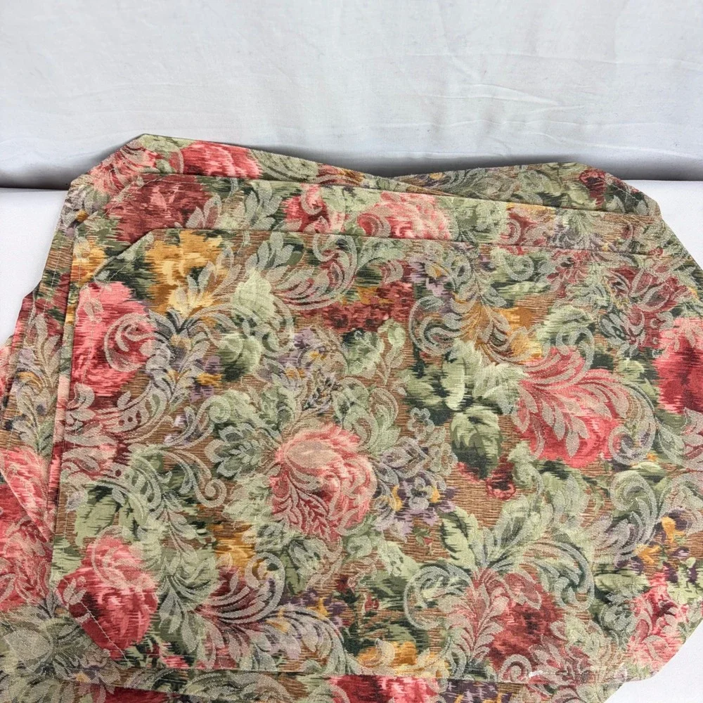 Vintage Floral Tapestry Placemats Set of 6 Reversible Damask Rose Green Cream