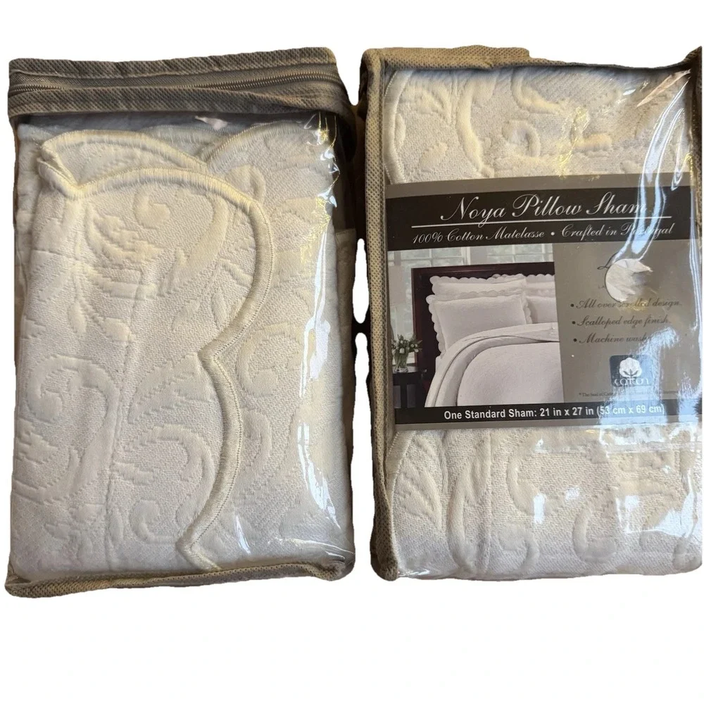 Lamont Home Noya Standard‎ Pillow Shams Ivory Set of 2 100% Cotton Matelasse NOS