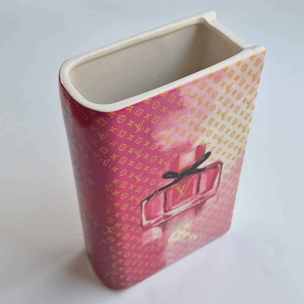 LV Themed Pink Ceramic Book Vase - Chic Home Deco