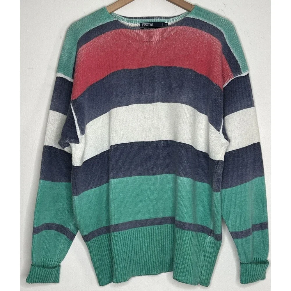 Vintage Polo Ralph Lauren Striped Crewneck Sweater Nautical Regatta Mens XL 1990