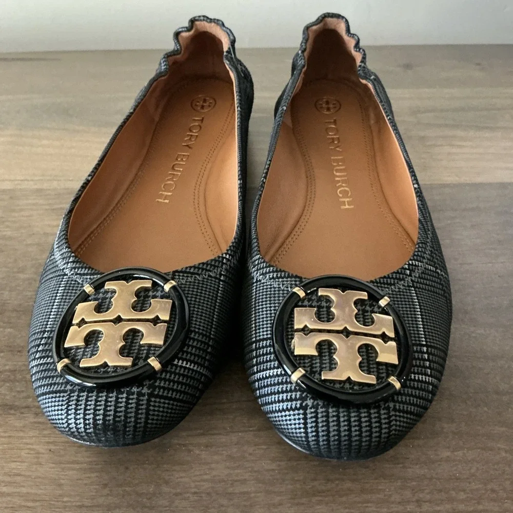 Tory Burch Multi Logo Elastic Prince Of Wales Ballet 7 EUC!